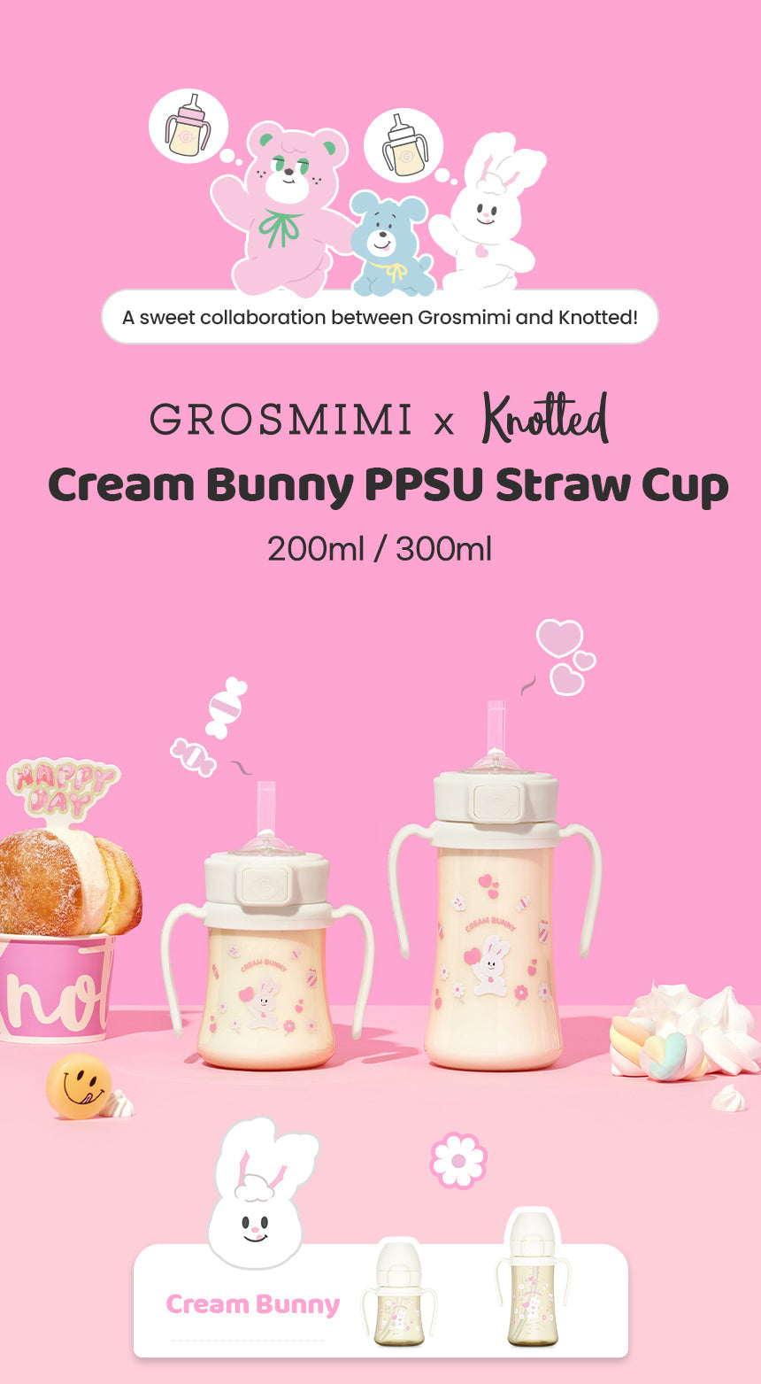 Grosmimi x Knotted PPSU Straw Cup — Cream Bunny design overview in 200ml and 300ml