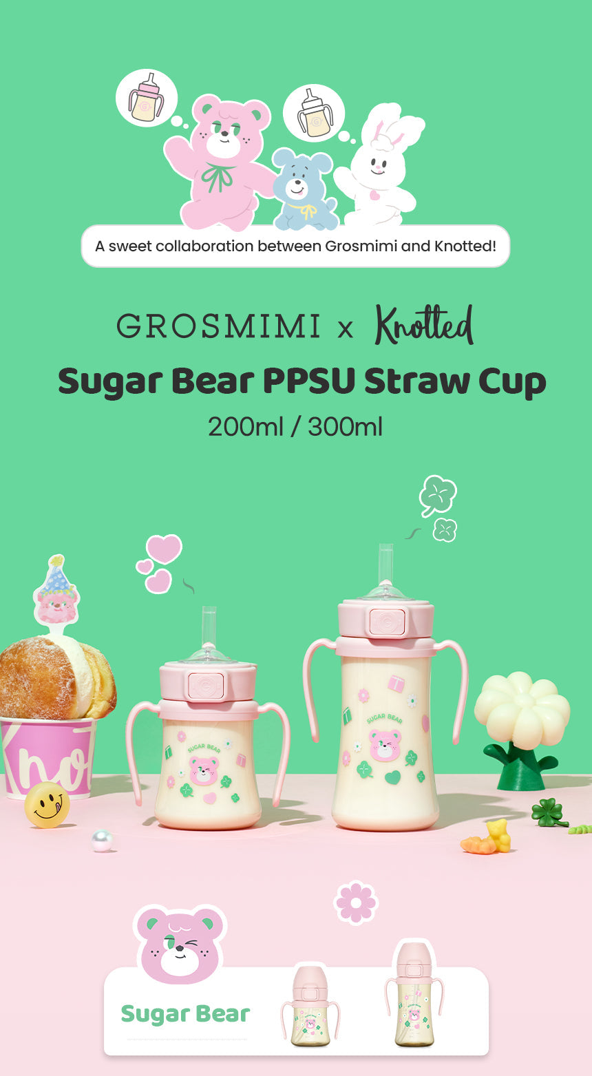 Grosmimi x Knotted PPSU Straw Cup — Sugar Bear design overview in 200ml and 300ml