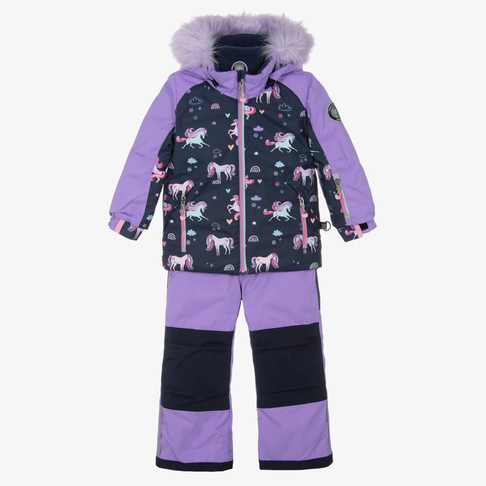 Deux par Deux H10PG95 Bougainvillea unicorn print two-piece snowsuit