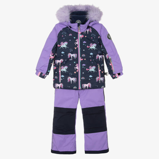 Deux par Deux H10PG95 Bougainvillea unicorn print two-piece snowsuit