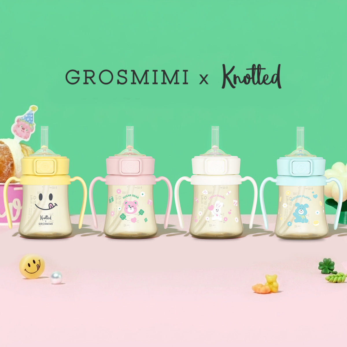 Grosmimi x Knotted PPSU Straw Cup 200ml in Smile, Cream Bunny, Dough Puppy and Sugar Bear designs