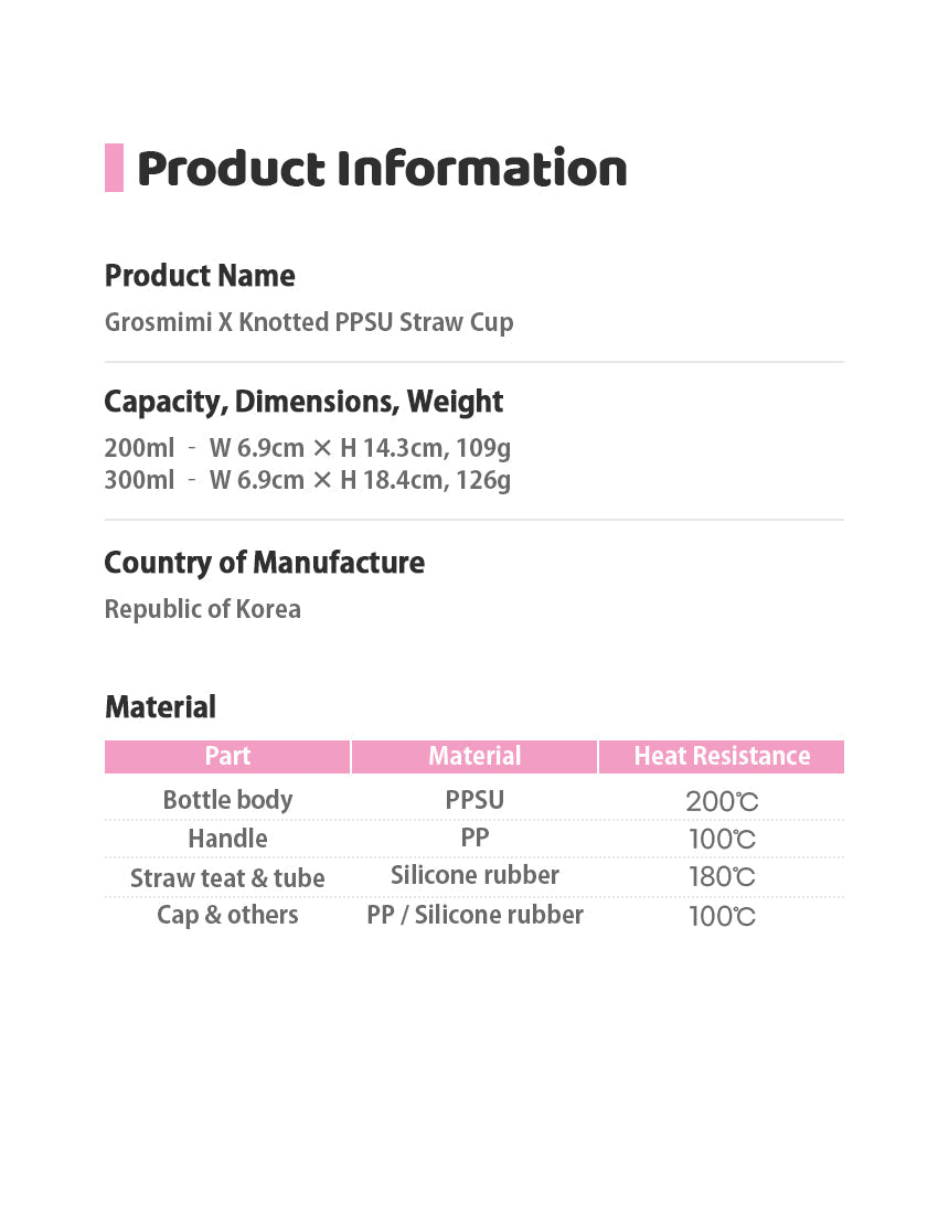 Grosmimi x Knotted PPSU Straw Cup — capacity, dimensions, weight, material, heat resistance and country of origin