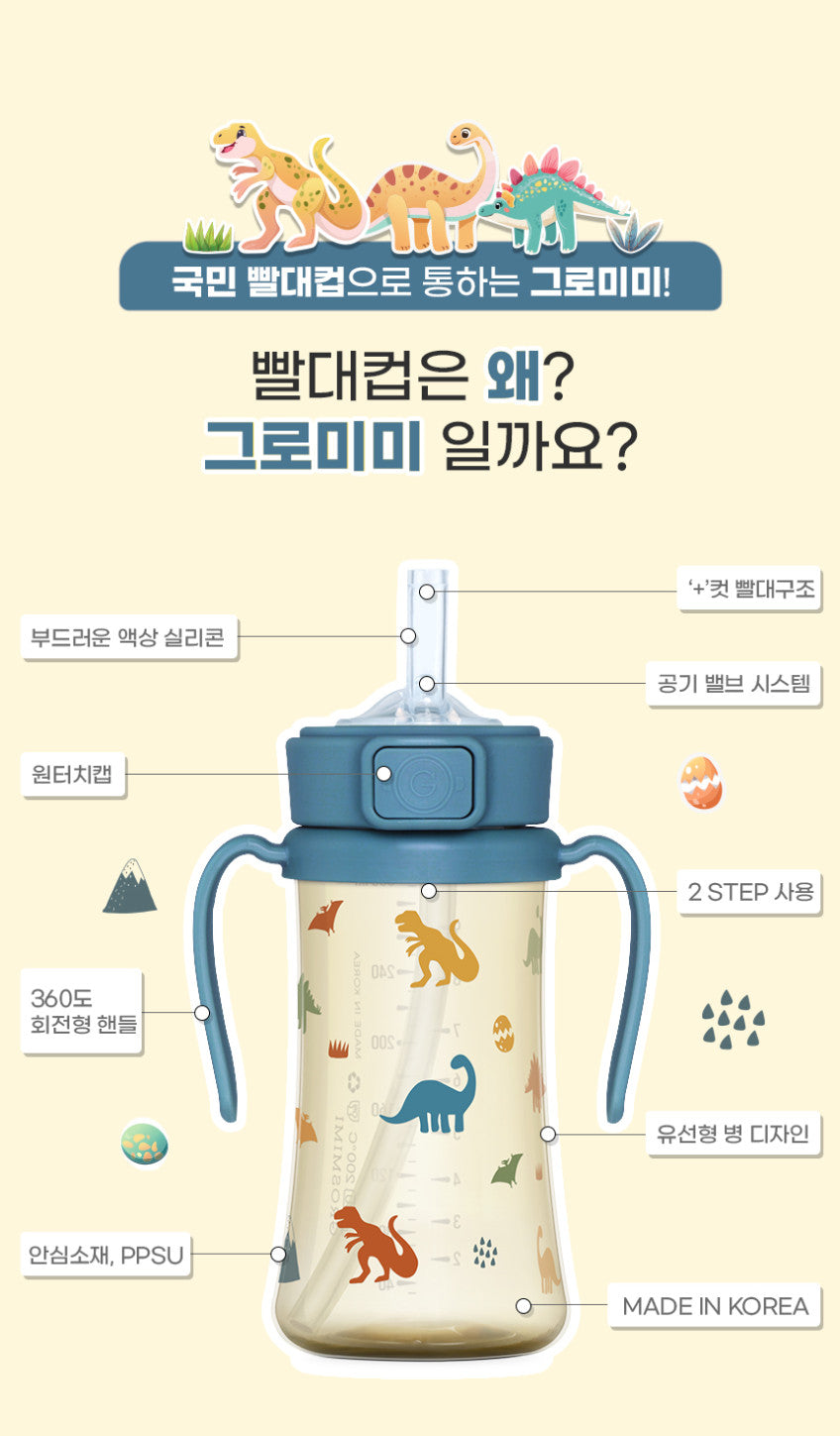 Grosmimi PPSU Dinosaur Straw Cup key features including one-touch cap and rotating handles