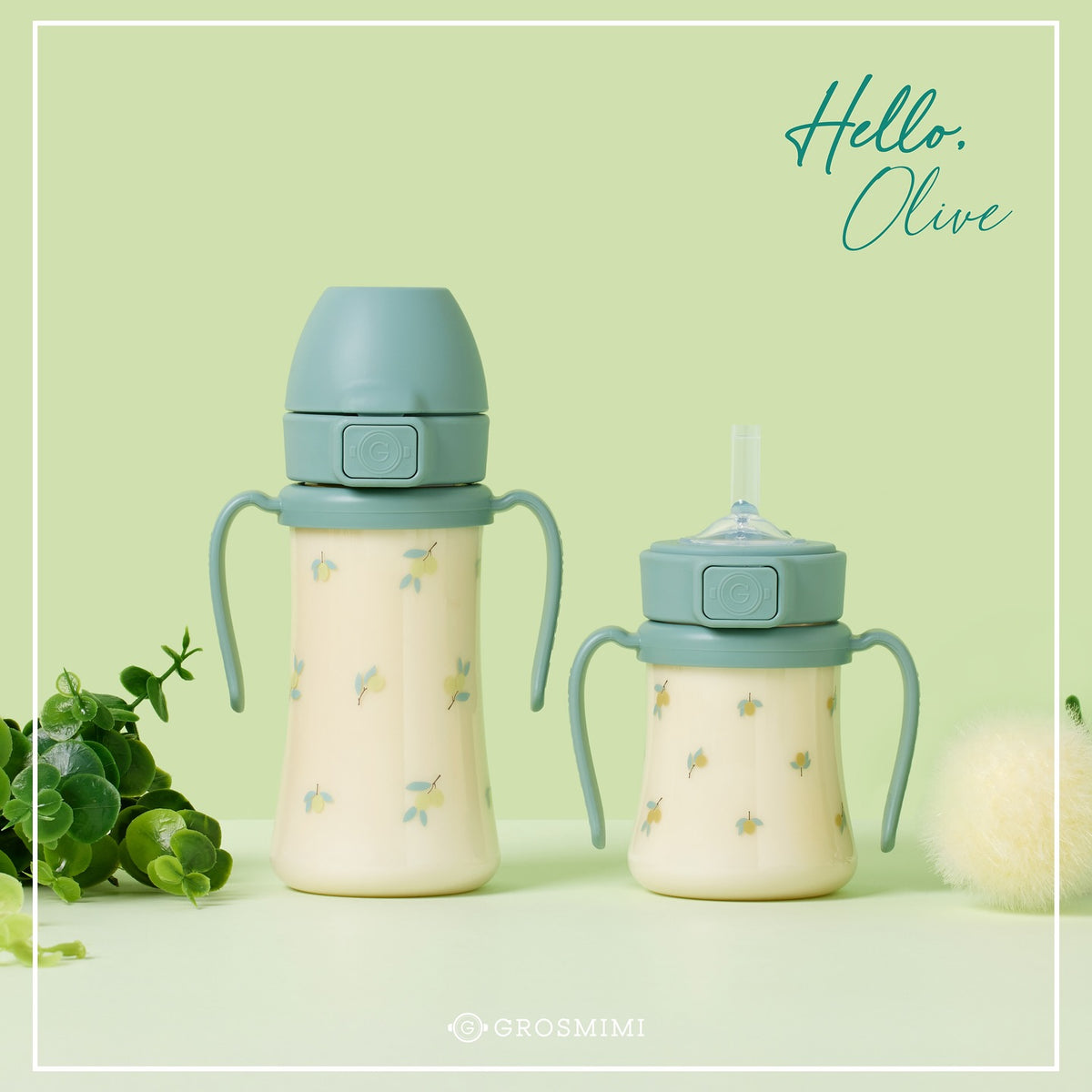 Grosmimi Olive PPSU straw cups in 200ml and 300ml official product image