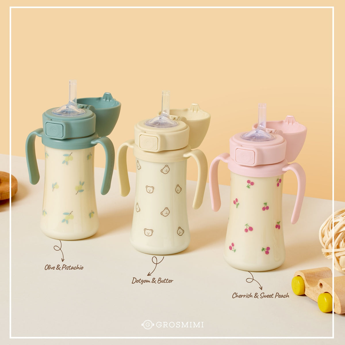 Grosmimi PPSU straw cup collection in Olive, Dotgom and Cherrish colors