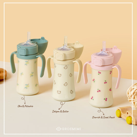 Grosmimi PPSU straw cup collection in Olive, Dotgom and Cherrish colors
