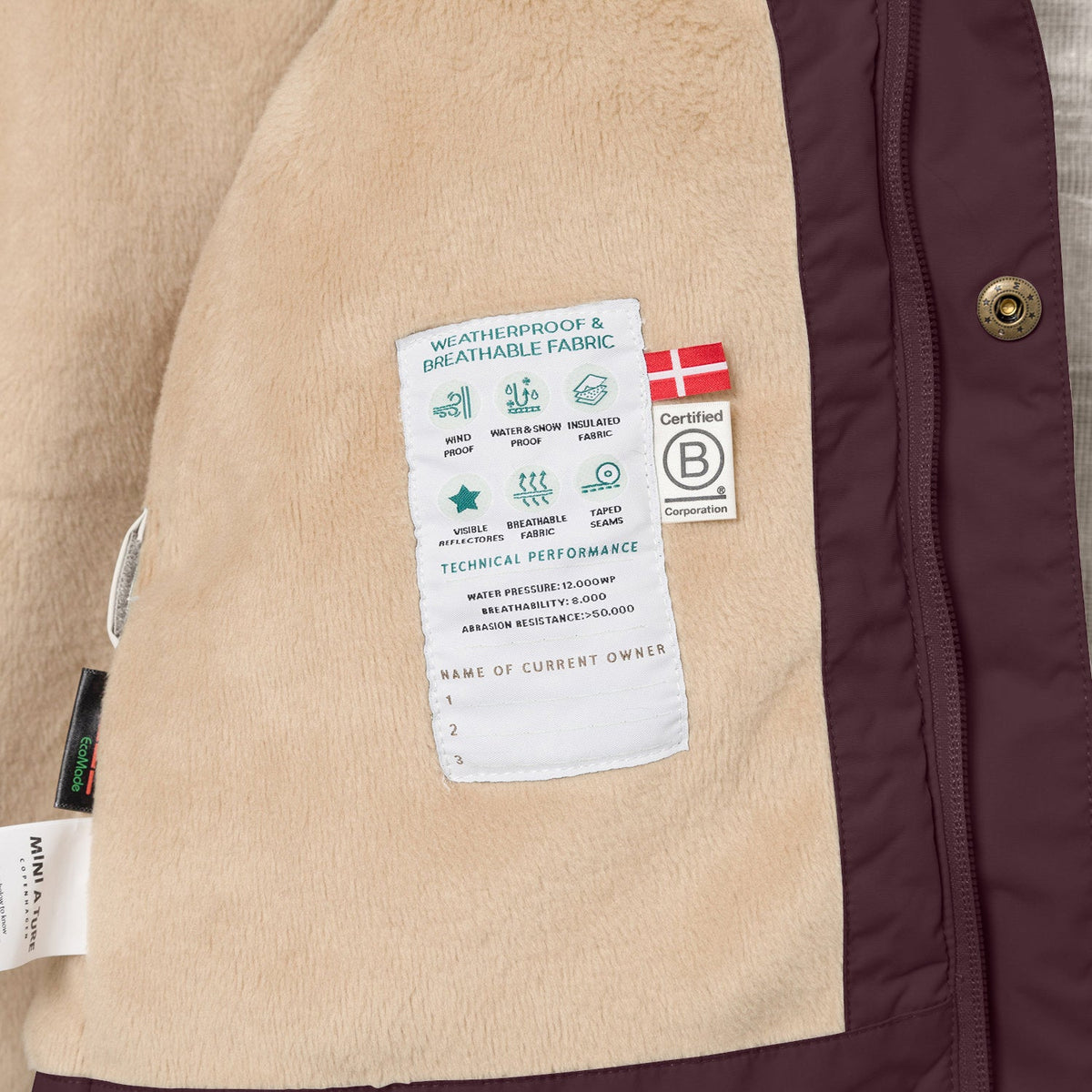 MINI A TURE MATWALLY fleece lined winter jacket - Fudge aubergine technical detail